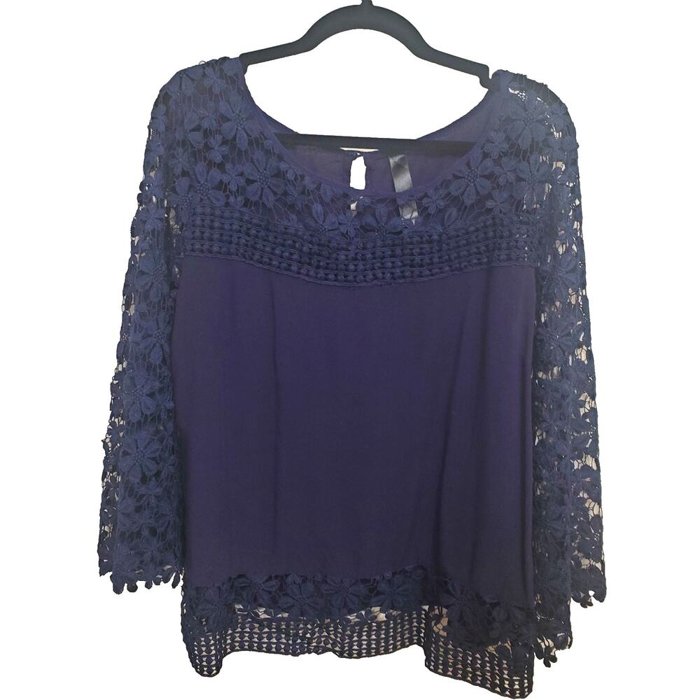 🌿 Navy Blue Lace Cottagecore Blouse • Open Lace Front • Large